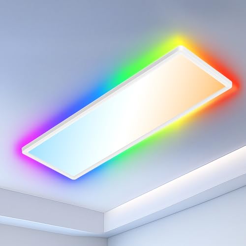 Deckenlampe Led Deckenleuchte Dimmbar Flach, mit RGB Backlight, Nachtlicht LED Panel Lampe Decke Rechteckig Badlampe Fernbedienung Timer 3000K-6500K 24W 3000LM für Wohnzimmer Kinderzimmer Schlafzimmer von Swoieltr