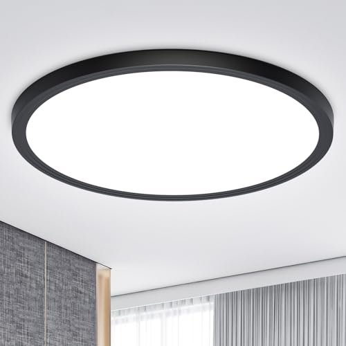 Deckenlampe Schwarz LED Deckenleuchte Flach, Lampe Decke Wohnzimmerlampe IP44 18W Kaltweiß 6500K 1600LM Modern Küchenlampe für Wohnzimmer Schlafzimmer Badezimmer Balkon Bad Flur Keller Küche, Ø223mm von Swoieltr