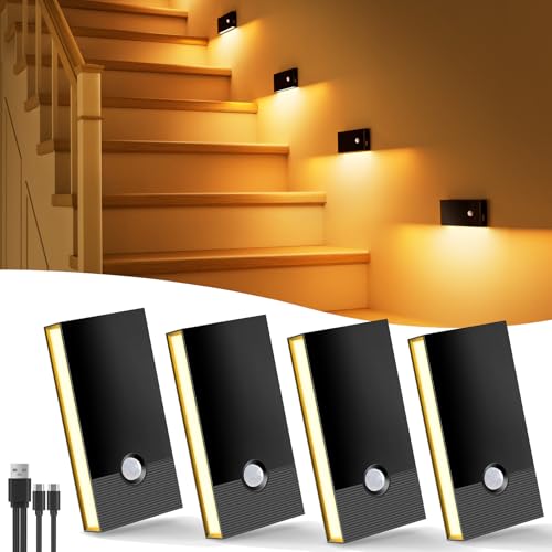 Nachtlicht Mit Bewegungsmelder, 4 Stück LED Nachtlicht USB-C Aufladbar 3 Modi Treppenlicht Bewegungsmelder, WarmWeiß Innen Nacht licht für Treppe, Flure, Kinderzimmer, Schlafzimmer, Küche,Schwarz von Swoieltr