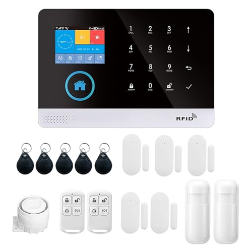 Wokely Drahtloses WIFI+GSM Sicherheit Alarmsystem, 2.4-zoll LCD Drahtloses Heimwerken Intelligentes Zuhause Einbrecher Sicherheitsalarmsystem 16-teiliger Bausatz, Kompatibel mit Alexa und Google Home von Swokely