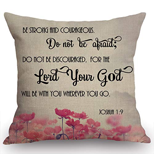 Swono Christliche Bibelversen Scripture Zitate Joshua 1–9 rosa Blumen Farmhouse Kissenbezug 45,7 x 45,7 cm Heimdekoration Baumwolle Leinen Überwurf Kissenbezug für Sofa Couch von Swono