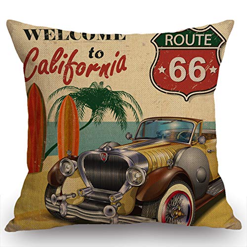 Swono Kissenbezug, Motiv: Oldtimer, Motiv: California Route 66, alte Autos, Tankstelle, Retro, Reise, Europa, Amerika, klassischer Wurfkissenbezug aus Baumwollleinen, 45,7 x 45,7 cm für Sofa und Couch von Swono