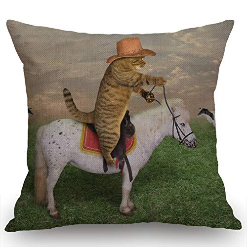 Swono Dekorativer Kissenbezug mit lustiger Katze, Motiv: Cowboy auf einem Pferd, Baumwollleinen, 45,7 x 45,7 cm von Swono