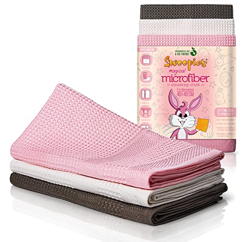 Swoopies® - 3er - Professionelle Mikrofasertücher | Langlebige Reinigungstücher mit nur Wasser Streifen/Fusselfrei | Ultra weiche & große Tücher für Küche, Bad, Fenster, Auto | 40x40cm | Rosa von Swoopies