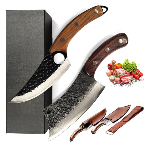 Serbische Küchenmesser (Metzgermesser & Hackmesser), 2er-Hackmesser-Set, geschmiedetes Kochmesser mit Scheide und Abziehriemen, für das Schneiden von Gemüse, Chefmesser-Set für zuhause, Camping & BBQ von Swords and more