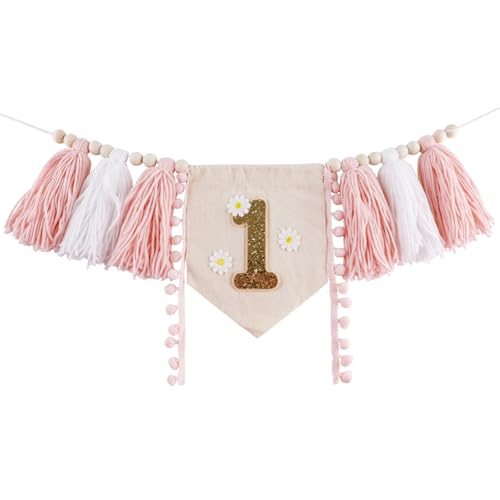 1. Geburtstag Hochstuhl Banner, Hochstuhl Banner für Erste Geburtstag Dekoration mit Fee Quaste, 1. Geburtstag Banner, 1. Geburtstag Party Dekoration, 1. Geburtstag Party Supplies (Daisy) von Swovo