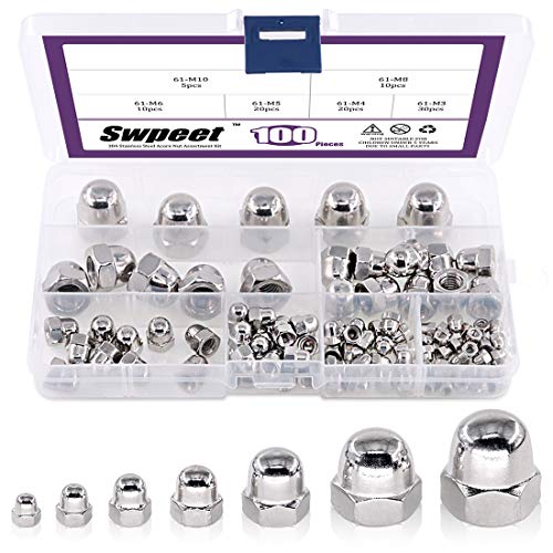 100 Stück 304 Edelstahl Wellenschliff metrische Hutmuttern Sechskant-Kuppelkappen-Sortiment Kit 7 Größen – M3 M4 M5 M6 M8 M10 M12 von Swpeet