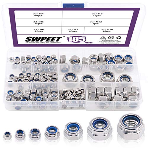 Swpeet 100 Stück 304 Edelstahl Sicherungsmuttern Sortiment 170 Stück, M3 M4 M5 M6 M8 M10 M12 Nyloneinsatz Kontermutter, S527, Assortment Kit von Swpeet