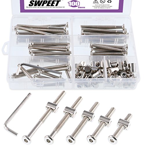 Swpeet 100 Stück Krippenschrauben, vernickelt, M6 x 35/45/55/65/75 mm Sechskantkopfkappe für Kinderbett, Bettschraube und Zylindermuttern mit 1 x Inbusschlüssel, perfekt für Möbel von Swpeet