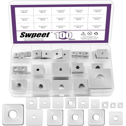 Swpeet 100Pcs 15 Größen M3 M4 M5 M6 M8 M10 M14 304 Edelstahl Silber Quadrat Unterlegscheibe mit rundem Loch Assortiment Kit, quadratische Platte Unterlegscheiben für Hardware Befestigung von Swpeet