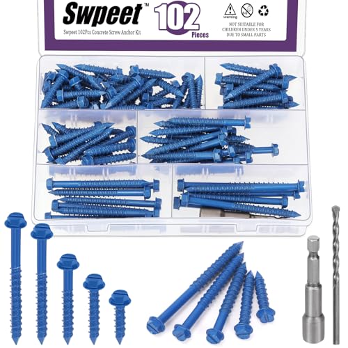 Swpeet 102pcs 5 Größen 1/4 "Schlitz Hex Wascher Kopf Betonschrauben Anker mit Hex Bit Socket und Bohrbutt Sortiment Kit, Selbst-Tapping Zement Schrauben für die Verankerung auf Mauerwerk Block Swpeet 102pcs 5 Größen 1/4 "Schlitz Hex Wascher Kopf Betonschrauben Anker mit Hex Bit Socket und Bohrbutt Sortiment Kit, Selbst-Tapping Zement Schrauben für die Verankerung auf Mauerwerk Block von Swpeet