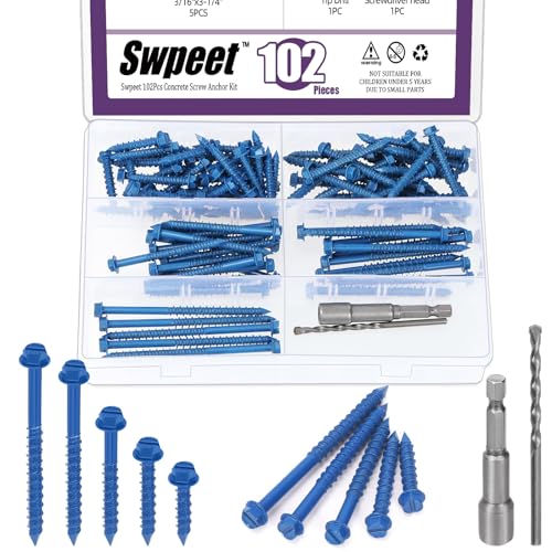 Swpeet 102pcs 5 Größen 3/16 "Schlitz Hex Wascher Kopf Betonschrauben Anker mit Hex Bit Socket und Bohrbutt Sortiment Kit, Selbst-Tapping Zement Schrauben für die Verankerung auf Mauerwerk Swpeet 102pcs 5 Größen 3/16 "Schlitz Hex Wascher Kopf Betonschrauben Anker mit Hex Bit Socket und Bohrbutt Sortiment Kit, Selbst-Tapping Zement Schrauben für die Verankerung auf Mauerwerk von Swpeet