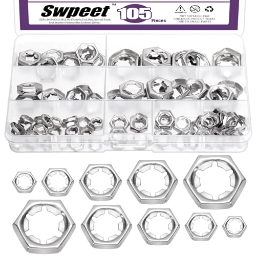 Swpeet 105Pcs 5 Größen M6 M8 M10 M12 M14 304 Edelstahl Push On Lock Mutter Assortiment Kit, interne Zahnschrauben, Sicherungsmutter Swpeet 105Pcs 5 Größen M6 M8 M10 M12 M14 304 Edelstahl Push On Lock Mutter Assortiment Kit, interne Zahnschrauben, Sicherungsmutter von Swpeet