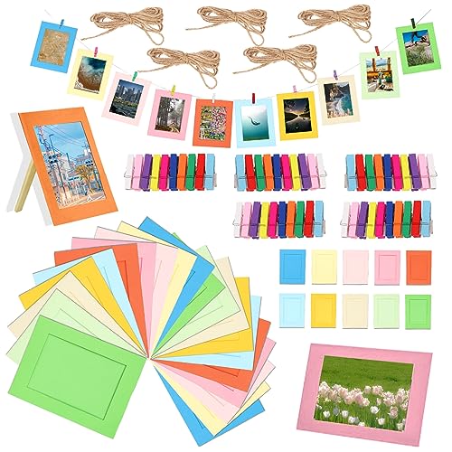 Swpeet 105Pcs 7 Zoll Bunte Papier Fotorahmen Set für 5"x7" Foto, Hängende Foto-Display-Rahmen, Beinhaltet 50Pcs 7 Zoll Hängende Album-Rahmen, 50Pcs Bunte Clips und 5Pcs 78" Strings Für Wanddekoration von Swpeet