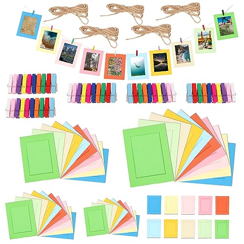 Swpeet 105Pcs Buntes Papier Fotorahmen Set, Hängende Foto Display Frames, Enthält 3Inch/4Inch/5Inch/6Inch/7Inch Hängende Album Frame Jeweils für 10Pcs, 50Pcs Bunte Clips und 5Pcs 78" Strings von Swpeet