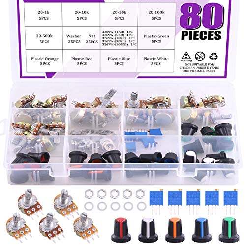 Swpeet 105Stk Potentiometer kit,Linear Potentiometer(B10K B50K B100K B500K) Rotary Potentiometer 3 pin Variable Resistors mit Unterlegscheibe,1-100 kOhm Potentiometer Trimmer,Muttern und Kappen von Swpeet