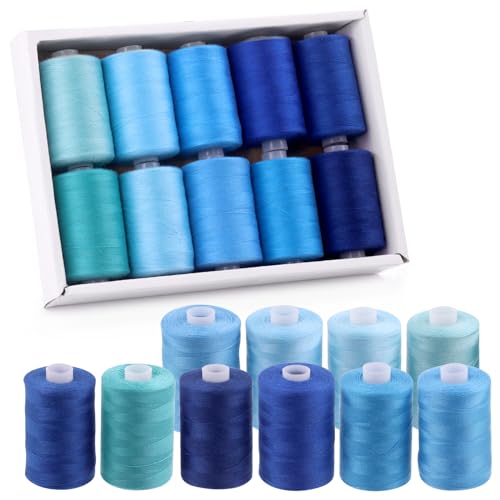 Swpeet 10Pcs 1000 Yards Blau Farben Allzweckfäden mit Nähnadeln Kit, Handliche Polyester Nähfäden Stickfaden, Handnähnadelfaden Set für Handwerker Liebhaber bis 10 Farben von Swpeet