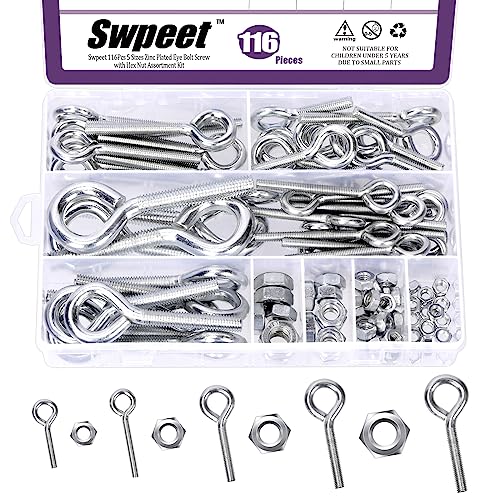 Swpeet 116Pcs 58 Set 5-Größen Kohlenstoffstahl Augenschraube Schraube mit Mutter Assortiment Kit, Schraubenaugen für Ornamente, Spielzeug, Handwerksgeschenke, verschiedene hölzerne Griffe hängende von Swpeet