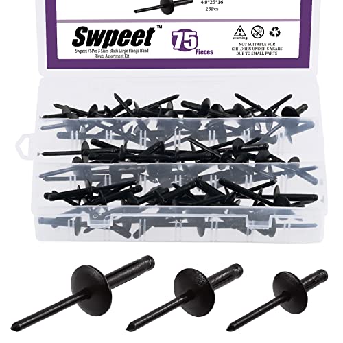 Swpeet Blindnieten-Set aus Aluminium, mit großem Flansch, 1,9 cm x 0,9 cm, 1,2 cm, Schwarz, für den Innen- und Außenbereich, 75 Stück von Swpeet