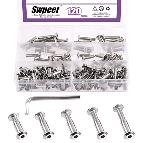 Swpeet 120 Stück M6x16 mm/20 mm/25 mm/30 mm/35 mm vernickelte Silber-Innensechskantschrauben, Zylindermuttern-Set mit 1 Stück Inbusschlüssel, Senkgurt, Lederbindungsschrauben von Swpeet