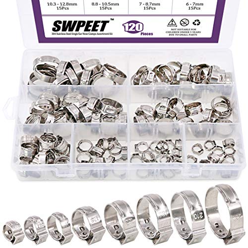 Swpeet 120Pcs 8 Größen 304 Edelstahl einzelne Ohr-Schlauchschellen, Crimp-Schlauchschellen-Sortiment Kit Ohr Cinch Ringe Crimp Pinch Fitting Tools von Swpeet