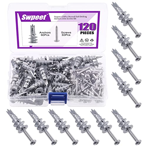 Swpeet 120Pcs Heavy Duty Zink selbstbohrende Trockenbau-Anker mit #8 x 1-1/4'' Schrauben Kit, keine Vorbohrung Loch Vorbereitung erforderlich - selbstschneidende Trockenbau-Anker von Swpeet