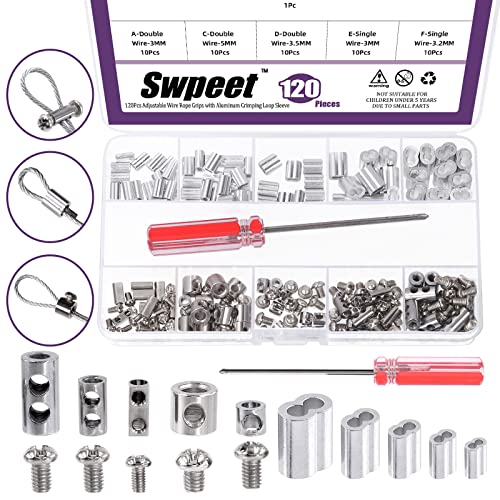 Swpeet 121Pcs Einstellbare Drahtseil Clips Klemme und Aluminium Crimpen Schleife Hülse mit Schraubendreher Sortiment Kit, Drahtseil Griffe Drahtseil und Kabel Drahtseil Schloss von Swpeet