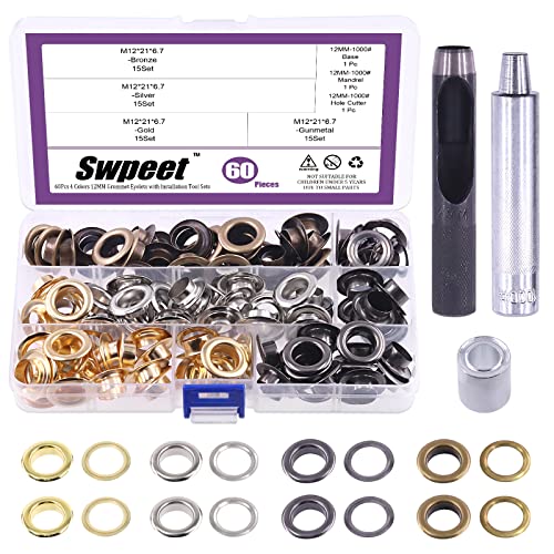 Swpeet 123 Stück – 60 Sets 12 mm Lochdicke Ösen, 4 Farben, Metallösen, Ösen mit Unterlegscheiben und 3 Stück Einstellwerkzeug, Metallösen-Set für die Reparatur von Leinwand, Leder von Swpeet