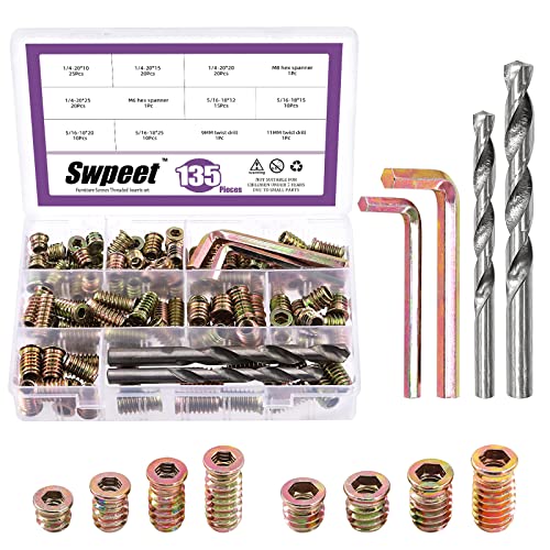 Swpeet 135Pcs 1/4" + 5/16" Kohlenstoffstahl Farbe verzinkt Holz Inserts und 9mm 11mm Spiralbohrer mit 2Pcs M6 M8 Schraubenschlüssel Kit, Bolzen Möbel Schraube in Mutter Gewinde Verbindungselement von Swpeet