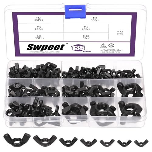Swpeet 135Pcs Schwarz hochfester Kohlenstoffstahl gezackte metrische Flügelmuttern Schmetterlingsmuttern Hex Dome Cap Sortiment Kit, 7 Größen bis M3 M4 M5 M6 M8 M10 M12 Swpeet 135Pcs Schwarz hochfester Kohlenstoffstahl gezackte metrische Flügelmuttern Schmetterlingsmuttern Hex Dome Cap Sortiment Kit, 7 Größen bis M3 M4 M5 M6 M8 M10 M12 von Swpeet