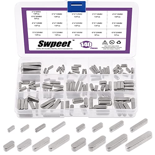 Swpeet 140 Stück 16 Größen Edelstahl 3mm 4mm 5mm 6mm Round Ended Feather Key Parallel Drive Shaft Keys Set Key Stock Assortment for Fasteners Mechanical Industry von Swpeet