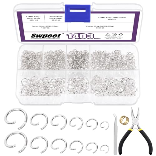 Swpeet 1403Stück gemischte Größe 4-10mm Silber Offene Sprung Ringe Kit mit Pinzette, Sprungringzange und Sprungringöffner, runde Ringverbinder für Schmuckherstellung und Halskettenreparatur von Swpeet