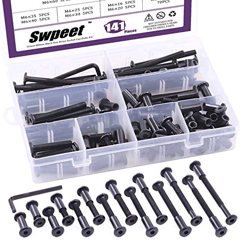 Swpeet 141 Stück 14 verschiedene Größen M6 x 16 mm - 80 mm Karbonstahl Schwarz Innensechskant Kappe Schrauben Zylindermuttern Kit mit 1 Stück Inbusschlüssel, Schraubpfosten von Swpeet