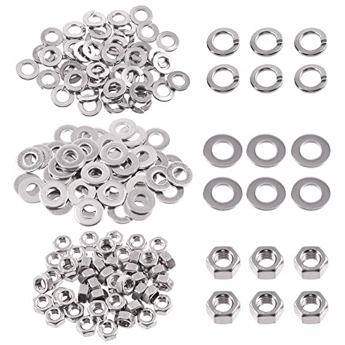Swpeet 150 Stück SAE 304 Edelstahl 1/4-50,8 cm Sechskantmuttern und #1/4 flache Unterlegscheiben mit #1/4 Split Lock Washers Sortiment Kit, Grobgewinde Sechskantmutter für Zuhause Automobilgeschäft von Swpeet