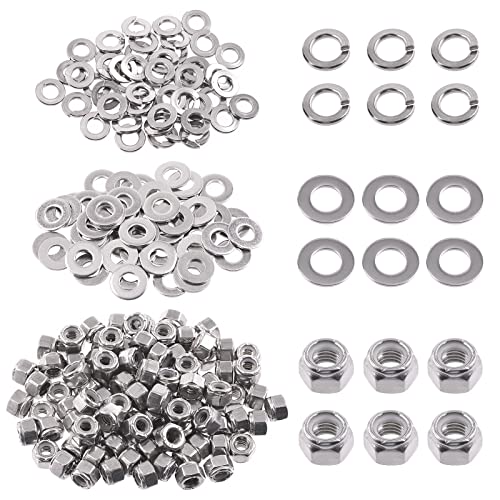 Swpeet 150 Stück SAE 304 Edelstahl 1/4-Zoll-20 Sechskant-Kontermuttern und 6,35 mm flache Unterlegscheiben mit #1/4 Split Lock Unterlegscheiben Sortiment Kit, Sechskant-Kontermutter für Zuhause von Swpeet