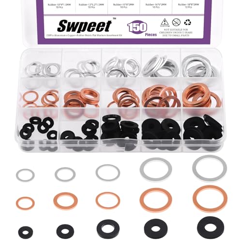 Swpeet 150Pcs 3 Materialien Red Kupfer Aluminium Gummi M10 M12 M14 M16 M18 Öl Abfluss Stecker Dichtung Flache Unterlegscheiben Sortiment Kit, Gummi Vibration Dämpfung Pads Dichtung Unterlegscheiben von Swpeet