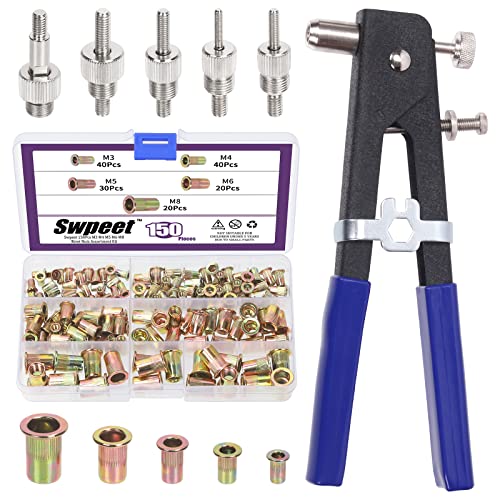 Swpeet 151Pcs M3 M4 M5 M6 M8 Nietmutter mit Hand Nietwerkzeug Mutter Setter Sortiment Kit, Heavy Duty Gewinde Blindnietwerkzeuge Handnietschlüssel von Swpeet