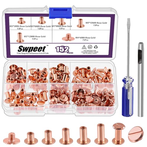 Swpeet 152Pcs M5x5mm, 6mm, 8mm, 10mm, 12mm Roségold Schrauben Ledernieten sortiert mit Locher und Schraubendreher, Runde flache Kopf Stud Schraube für DIY Leder Handwerk und Buchbinderei von Swpeet