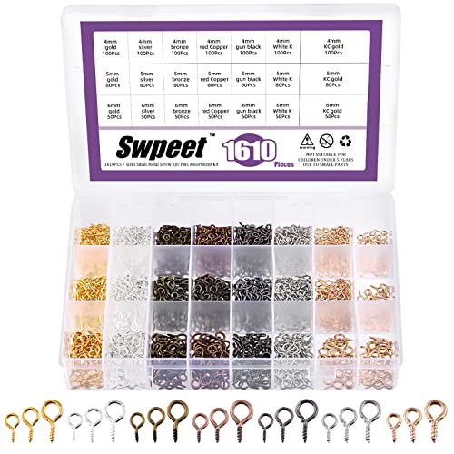 Swpeet 1610Pcs 0.16 Inch 0.2 Inch 0.24 Inch 3 Größen Schraube Auge Stifte Metall Schraube in Auge Bolzen Schraube Augen Haken Kit, kleine Schraube Stifte Mini Metall Auge Schraube Crew Augen Haken von Swpeet