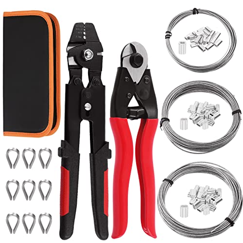 Swpeet 165Pcs Beruf Bis zu 2.2mm Drahtseil Crimpwerkzeug und Kabelschneider, Aluminium Doppel Crimpschlaufe Hülse mit Edelstahl Fingerhut und 3-Größen Drahtseil Sortiment Kit von Swpeet