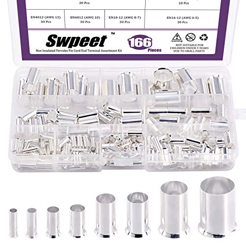 Swpeet 166Pcs 8 Größen Draht Kupfer Crimp Fitting Aderendhülsen Sortiment Kit, 12 10 8 6 4 2 1/0 2/0 Draht Aderendhülse verzinnt Kupfer Crimp-Anschluss Elektrische Kabel von Swpeet