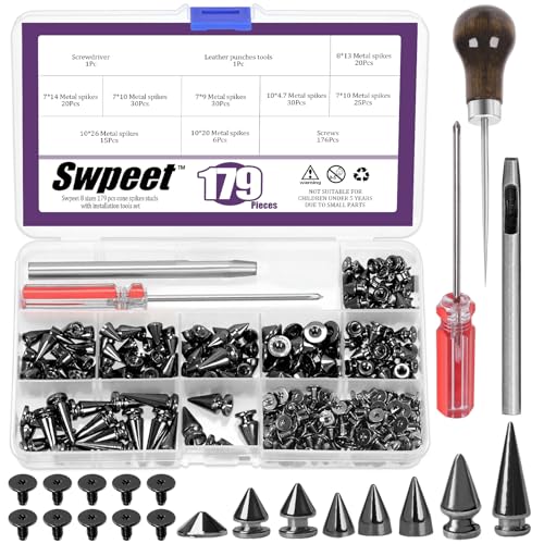 Swpeet 179 Sets 8-Größen Gun-Black Kegel Spikes mit Kratzawle Schraubendreher Punch Sortiment Kit, Punk Spikes und Studs Metall Baum Spikes Kugel Spikes Screwback Studs für Punk Kleidung Craft DIY von Swpeet