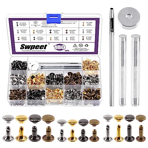 Swpeet 180 Sets 4 Farben 8mm 10mm 12mm Ledernieten Doppelkappennieten mit 4Pcs Befestigungswerkzeug Sortiment Kit, Ledernieten Doppelkappennieten Tubular für DIY Leder Handwerk Kleidung Schuhe von Swpeet