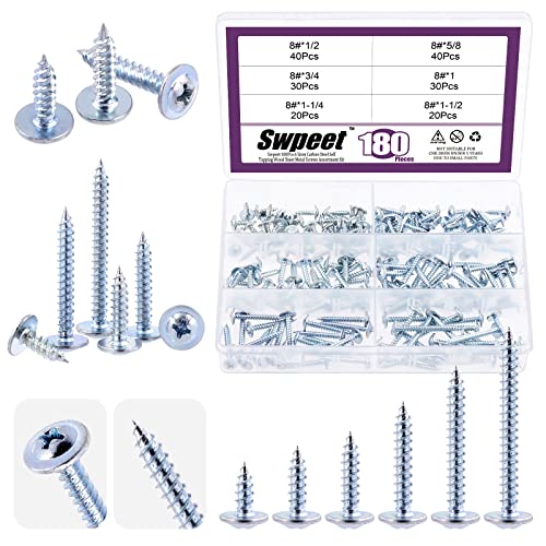 Swpeet 180 Stück 6 Größen #8 x 1/2 Zoll, 5/8 Zoll, 3/4 Zoll, 1 1/4 Zoll, 3,8 cm Kreuzschlitz-Holzschrauben-Sortiment, blau weiß Zink Al. loy selbstschneidende Blechschrauben aus Karbonstahl von Swpeet