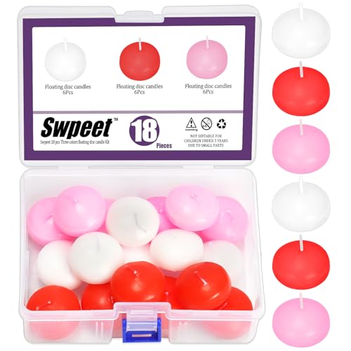 Swpeet 18Pcs 1,5 Zoll weiß/rosa/rot unscented schwimmende Kerzen Set, weiße schwimmende Scheiben Kerzen Dripless Hand-Rolled Paraffin Wachs Baumwolle Dochte für Centerpieces, Hochzeiten, Partys und von Swpeet