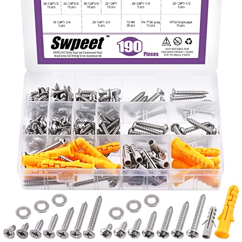 Swpeet 190 Stück #12 x 1/2 Zoll 5/8 Zoll 3/4 Zoll 1-1/4 Zoll 1-1/4 Zoll 1-1/2 Zoll 1-3/4 Zoll 304 Edelstahl Flachkopf und Flachkopf schnell selbstschneidend trocken Wandschrauben von Swpeet