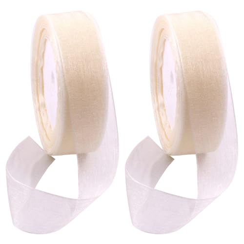 Swpeet 2 Rolls 50 Yards x 1 Zoll Beige Schimmer Sheer Fabric Ribbons Organza Ribbon, Transparent Sheer Ribbon Chiffon Fabric Ribbons für Bouquets Hochzeit Geburtstag Dekoration von Swpeet