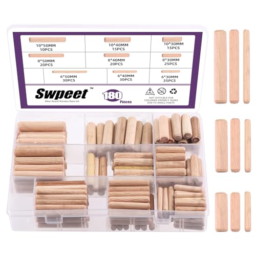 Swpeet 200Pcs 6mm 8mm 10mm hölzerne Dowel Pins, abgeschrägte Enden verjüngt Pins Holz Pegs, Möbel Holzarbeiten gerillt geriffelte Pin Handwerk Ideal für einfache Einfügung Möbel Tür Handwerk Projekte von Swpeet