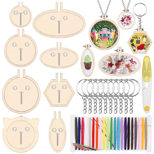 Swpeet 20Pcs Mini Stickerei Hoops Kit mit Schlüsselringen, Faden Und Schere, hölzerner Mini Crossing Stitch Hoop kleiner Ausstellungsrahmen für Kunst Handwerk Nähen und Hängen Ornamente Home Decor von Swpeet