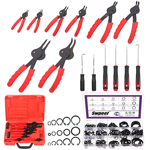 Swpeet 225pcs Snap Ring Zange Set, 11pcs gerade & gebogen Haltering Zangen mit Fall, 5 Größe externe interne Circlip Retainer Ringe Set mit Gummi Waschmaschine Haken & Pick für Auto Kofferraum von Swpeet